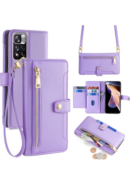 Xiaomi Redmi Note 11 Pro Deri Kılıf Fermuarlı Cep Crossbody Telefon Kapağı-Mor (Yurt Dışından)
