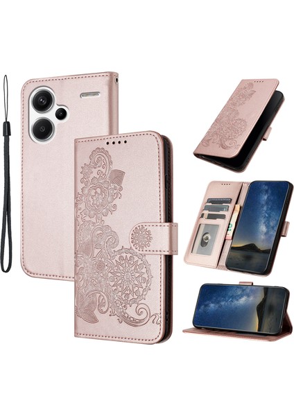 Xiaomi Redmi Note 13 Pro+ 5g Cüzdan Telefon Kılıfı Için Çiçek Desenli Baskılı Deri Kapak Çevirin-Gül Altın (Yurt Dışından)