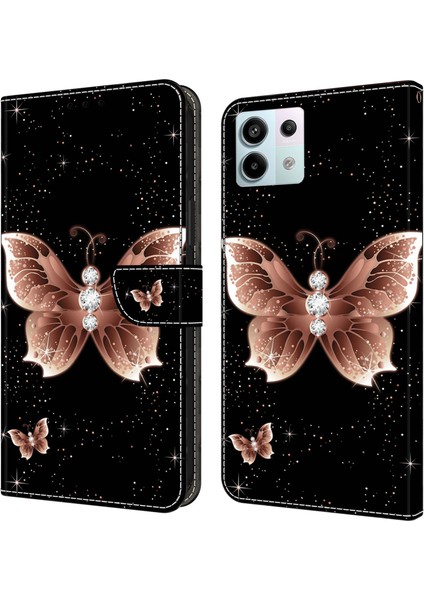 Xiaomi Redmi Için Not 13 Pro 5g Kılıf 3D Desen Baskı Deri Cüzdan Telefon Kabuk-Pembe Elmas Kelebek (Yurt Dışından)