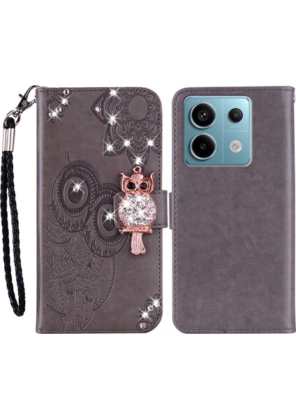 Xiaomi Redmi Note 13 4g Kılıf Taşlı Deri Telefon Kılıfı Baykuş Çiçek Desenli-Gri (Yurt Dışından)