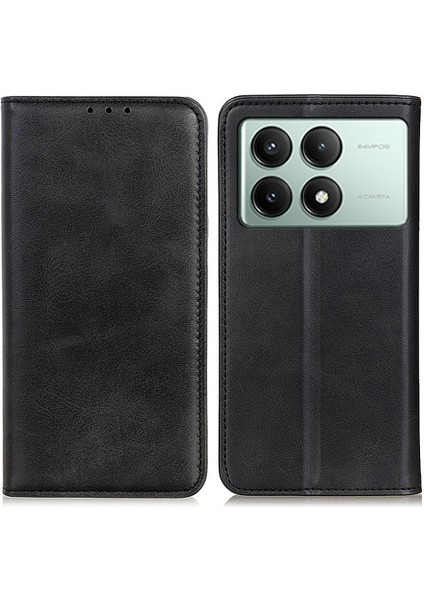 Xiaomi Redmi Için K70E 5g Kılıf Bölünmüş Deri Manyetik Çevirme Folyo Telefon Kapağı-Siyah (Yurt Dışından)