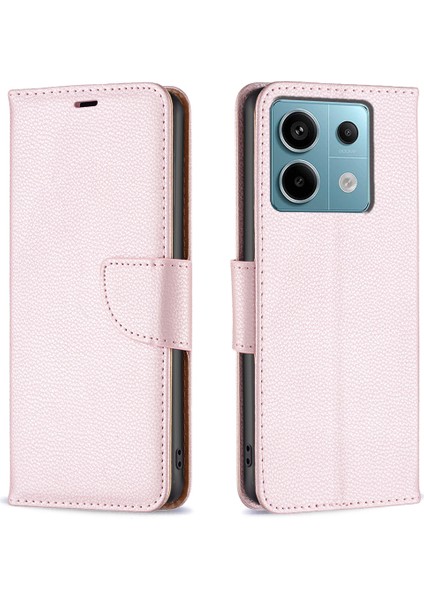 Xiaomi Poco X6 5g Telefon Kılıfı Için Düz Renk Pu Deri Standı Görünüm Kapağı Litchi Doku-Gül Altın (Yurt Dışından)