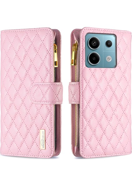 Xiaomi Poco X6 5g Fermuarlı Cep Kılıfı Deri Eşkenar Dörtgen Telefon Kapağı-Pembe (Yurt Dışından)