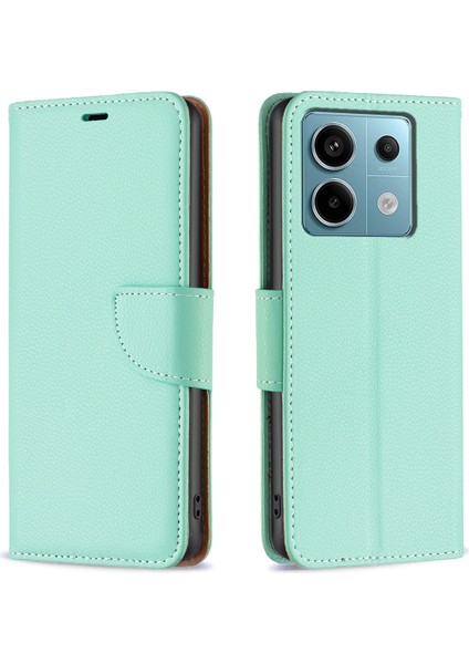 Xiaomi Poco X6 5g Telefon Kılıfı Için Düz Renk Pu Deri Standı Görünüm Kapağı Litchi Doku-Yeşil (Yurt Dışından)