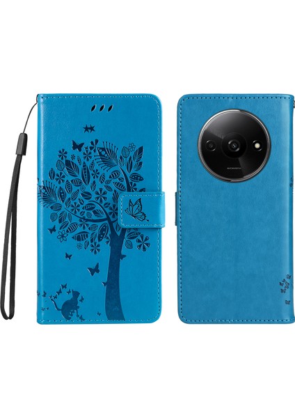 Xiaomi Redmi A3 Cüzdan Kılıf Kedi Ağacı Desenli Deri Telefon Kapağı-Mavi (Yurt Dışından)