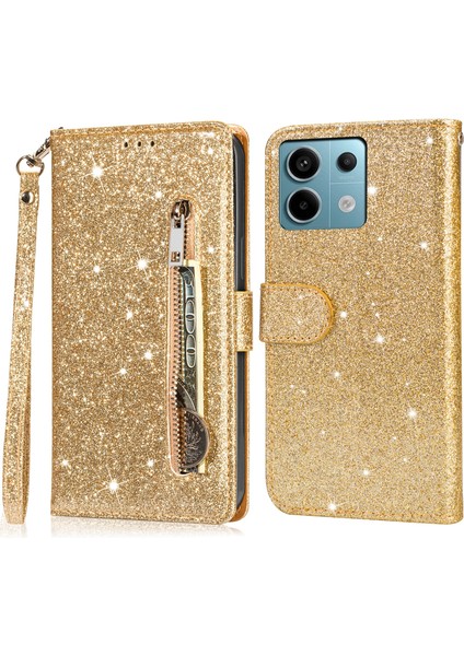 Xiaomi Redmi Için Not 13 5g Kılıf Standı Glitter Telefon Deri Kapak Fermuar Cep-Altın (Yurt Dışından)