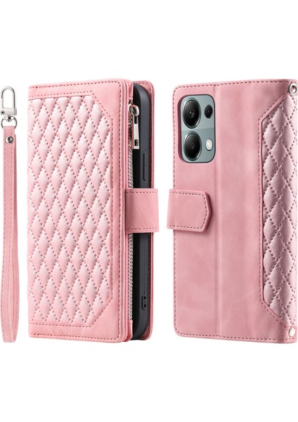 Xiaomi Redmi Note 13 Pro 4g Kılıf Fermuarlı Cep Deri Telefon Kılıfı, Bilek Kayışı-Gül Altın (Yurt Dışından)