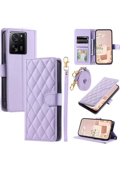 Xiaomi Redmi K60 Ultra Kılıf Manyetik Eşkenar Dörtgen Izgara Desenli Deri Telefon Kapağı-Mor (Yurt Dışından)