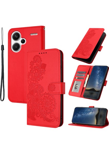 Xiaomi Redmi Note 13 Pro+ 5g Cüzdan Telefon Kılıfı Çiçek Desenli Baskılı Deri Kapak-Kırmızı (Yurt Dışından)