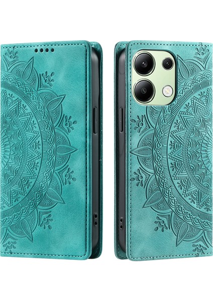 Xiaomi Redmi Note 13 4g Kılıf Deri Flip Telefon Kapağı Mandala Çiçek Desenli-Nane Yeşili (Yurt Dışından)