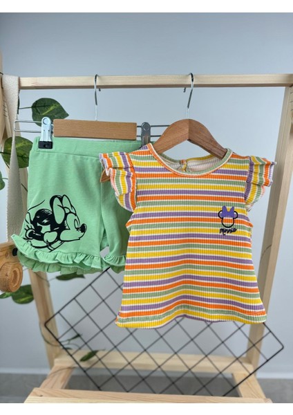 Renkli Çizgili Minnie Yazlık Kız Bebek Ikili Takım