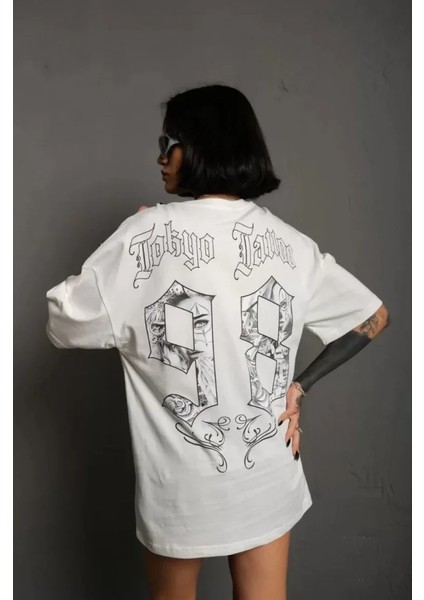 Bisiklet Yaka Baskılı Oversize T-Shirt - Beyaz modelleri
