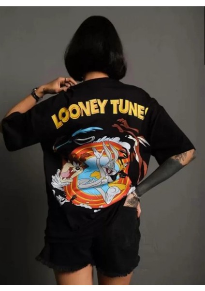 Unisex Bisiklet Yaka Baskılı Oversize T-Shirt - Siyah fiyatları