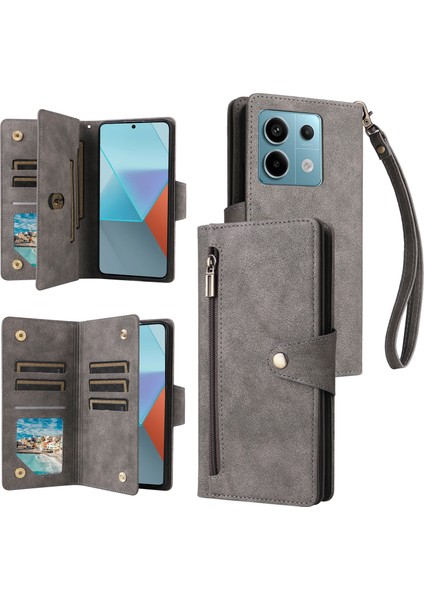 Xiaomi Redmi Note 13 Pro 5g Fermuarlı Kılıf Pu Deri Standlı Flip Telefon Kapağı-Gri (Yurt Dışından)