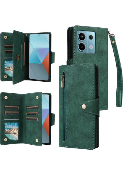 Xiaomi Redmi Note 13 Pro 5g Fermuarlı Kılıf Pu Deri Standlı Flip Telefon Kapağı-Yeşil (Yurt Dışından)