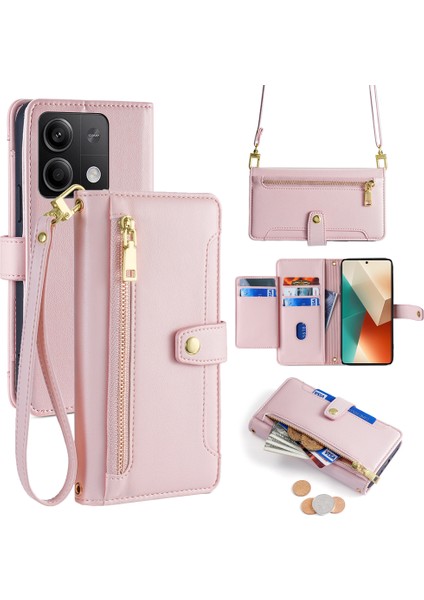 Xiaomi Redmi Note 13 5g Crossbody Telefon Kılıfı Fermuarlı Cep Pu Deri Kapak-Pembe (Yurt Dışından)