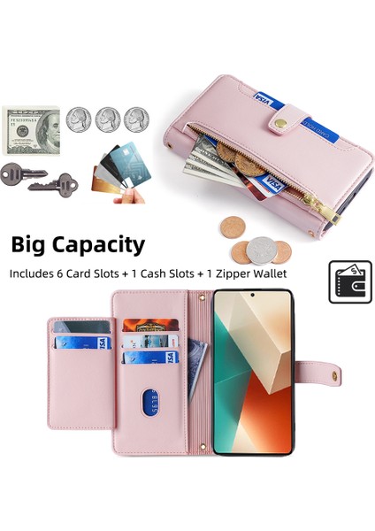 Xiaomi Redmi Note 13 5g Crossbody Telefon Kılıfı Fermuarlı Cep Pu Deri Kapak-Pembe (Yurt Dışından) modelleri