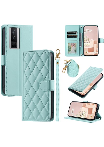 Xiaomi Redmi K60 5g Cep Telefonu Kılıfı Için Eşkenar Dörtgen Izgara Crossbody Kapak-Nane Yeşili (Yurt Dışından)