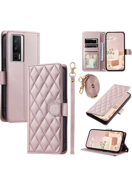 Xiaomi Redmi K60 5g Cep Telefonu Kılıfı Için Eşkenar Dörtgen Izgara Crossbody Kapak-Gül Altın (Yurt Dışından)