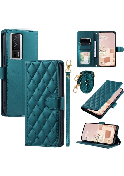 Xiaomi Redmi K60 5g Cep Telefonu Kılıfı Için Eşkenar Dörtgen Izgara Crossbody Kapak-Yeşil (Yurt Dışından)