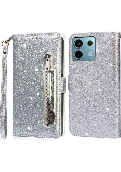 Xiaomi Redmi Note 13 Pro 5g Kılıf Cüzdan-Gümüş ile Parıltılı Fermuar Deri Kapak (Yurt Dışından)