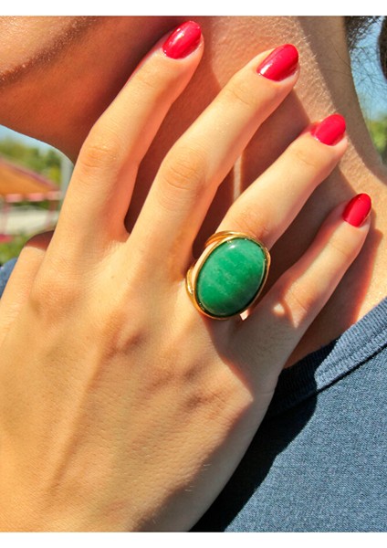 Oval Yeşil Akik Doğal Taş Ayarlanabilir Kadın Doğal Taş Yüzük EUY13YA