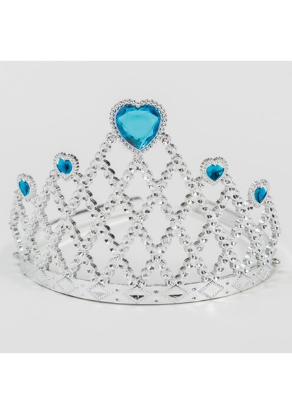 Colezium15 Mavi Kalpli Gümüş Renk Kraliçe Tacı Prenses Tacı (Clz)