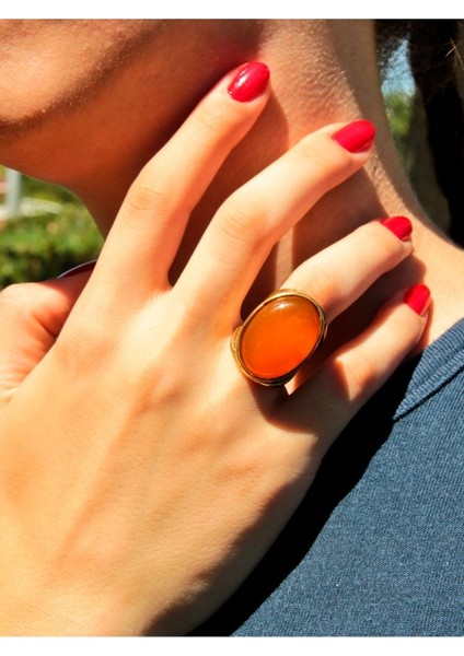 Oval Sarı Akik Doğal Taş Ayarlanabilir Kadın Doğal Taş Yüzük EUY13SA