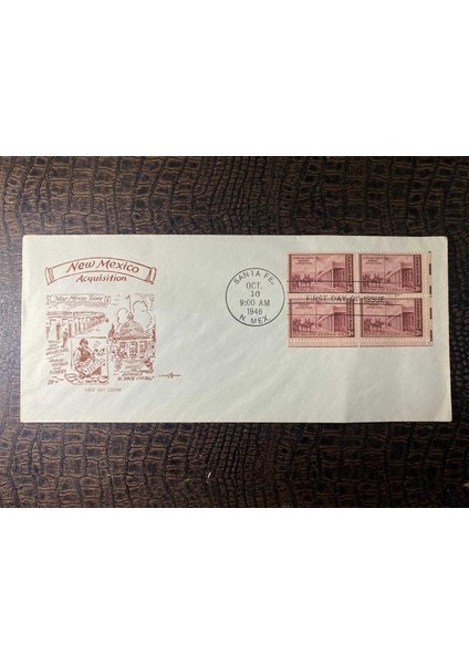 Usa Amerika Damgalı Ilk Gün Zarfı New Mexico Acquisition New Mexico Today 1946 Santa Fe Fdc Dörtlü Blok Pullu