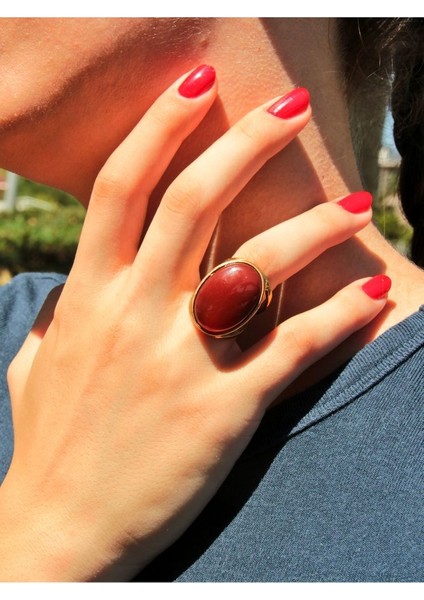 Oval Akik Doğal Taş Ayarlanabilir Kadın Doğal Taş Yüzük EUY13A