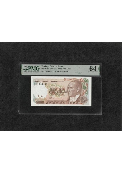 Türk Lirası Pmg 64 Epq Choice Unc Çil 5.000 Lira P 197 1970 (Nd 1981) S/n F04 7. Emisyon 3. Tertip Büyük Mevlana