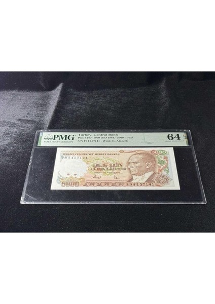 Türk Lirası Pmg 64 Epq Choice Unc Çil 5.000 Lira P 197 1970 (Nd 1981) S/n F04 7. Emisyon 3. Tertip Büyük Mevlana
