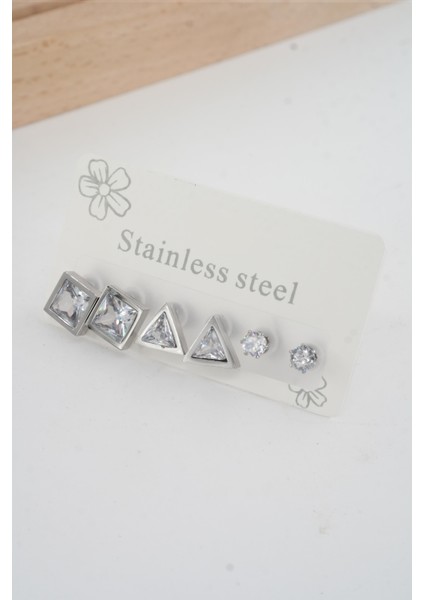 Kadın 316 L Paslanmaz Çelik Kararmaz 6'lı Küpe Seti