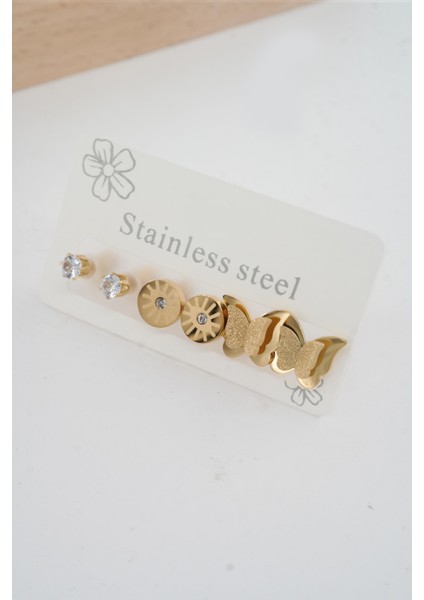 Kadın 316 L Paslanmaz Çelik Kararmaz 6'lı Küpe Seti