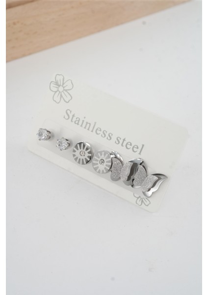 Kadın 316 L Paslanmaz Çelik Kararmaz 6'lı Küpe Seti