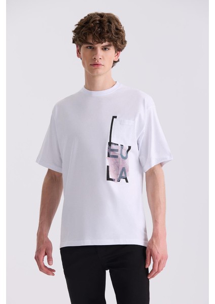 Beyaz Over Size Yazı Baskılı Bisiklet Yaka T-Shirt