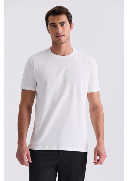 Ekru Slim Fit Bisiklet Yaka T-Shirt