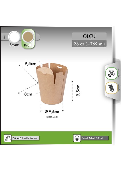 Karton Noodle ve Döner Box Kraft 26 Oz - 100 Adet