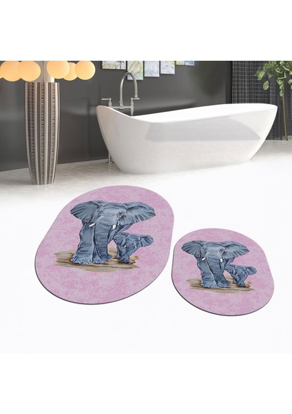 Dijital Baskılı Kaymaz Taban Yıkanabilir Oval Ikili Banyo Paspas Klozet Takımı, V-O-Klozet-33-Pembe,