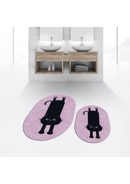 Dijital Baskılı Kaymaz Taban Yıkanabilir Oval Ikili Banyo Paspas Klozet Takımı, V-O-Klozet-39-Pembe, fiyatları