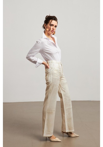 Yüksek Bel Sarı Varaklı Kadın Wide Leg Jean