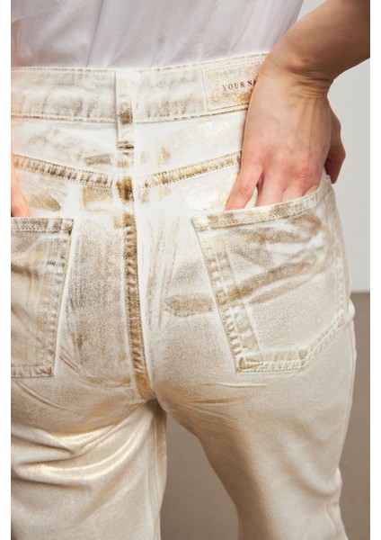 Yüksek Bel Sarı Varaklı Kadın Wide Leg Jean