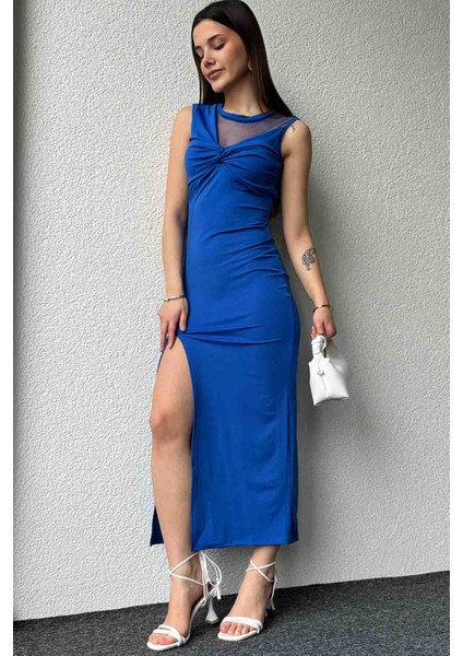 ELB-01727 Mavi Ön Büzgülü ve Tül Detay Midi Boy Yırtmaçlı Elbise