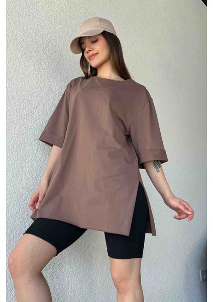 TSR-04306 Kahverengi Duble Kol Yırtmaçlı Basıc Tişört