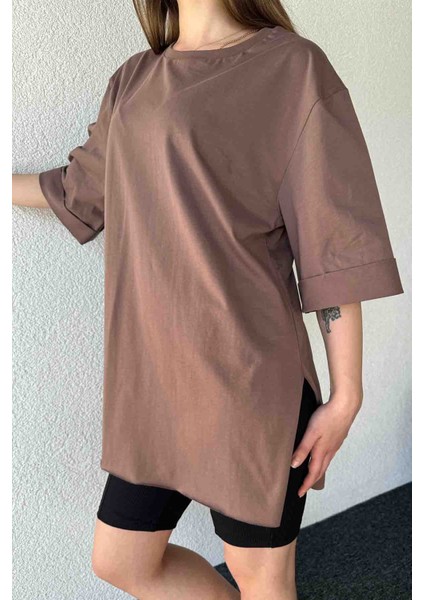 TSR-04306 Kahverengi Duble Kol Yırtmaçlı Basıc Tişört