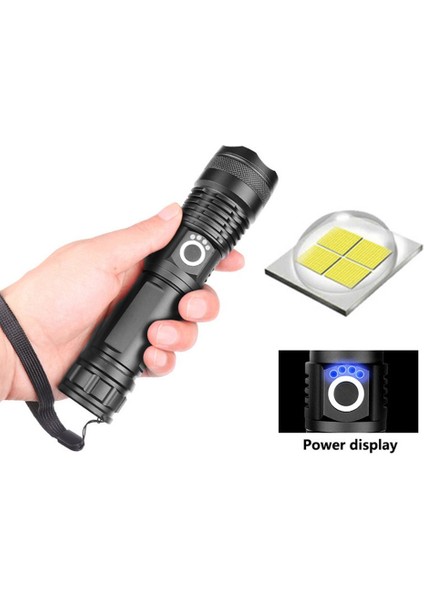 El Feneri Torch Taktik El Feneri USB Şarjlı Zumlanabilir Bisiklet Açık Siyah El Feneri + 26650 + USB Kablosu (Yurt Dışından)