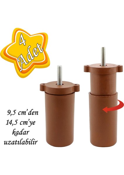 4 Adet Ayarlı Destek Ayağı 9.5 x 14.5cm Kahverengi Gizli Ayak M8 Civatalı Incediş Mobilya Kanepe Baza Koltuk