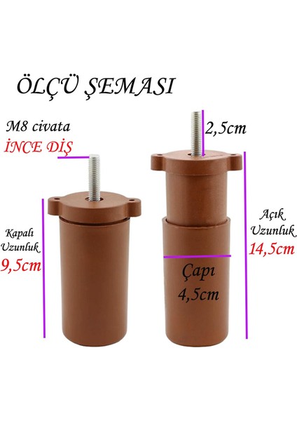 4 Adet Ayarlı Destek Ayağı 9.5 x 14.5cm Kahverengi Gizli Ayak M8 Civatalı Incediş Mobilya Kanepe Baza Koltuk