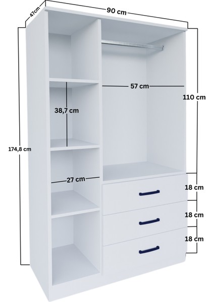 Easy Mat Beyaz 3 Kapılı 3 Çekmeceli Çok Amaçlı Elbise Dolabı
