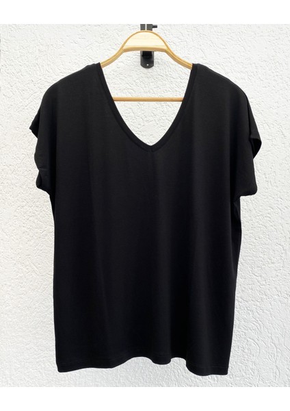 Siyah Ön Arka V Yaka Viskom Basic T-Shirt modelleri
